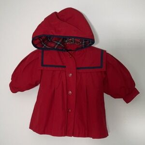 London Fog Hooded Parka Coat 12 Month Girls Black Fur Lined Red Vintage Cozycore
